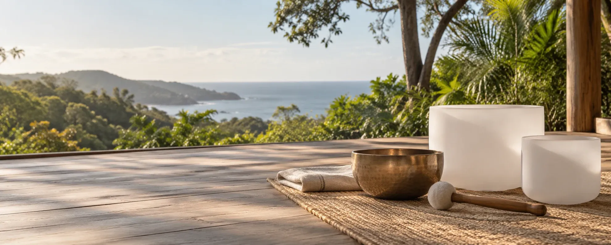 Singing bowls on a deck overlooking the ocean in Guanacaste